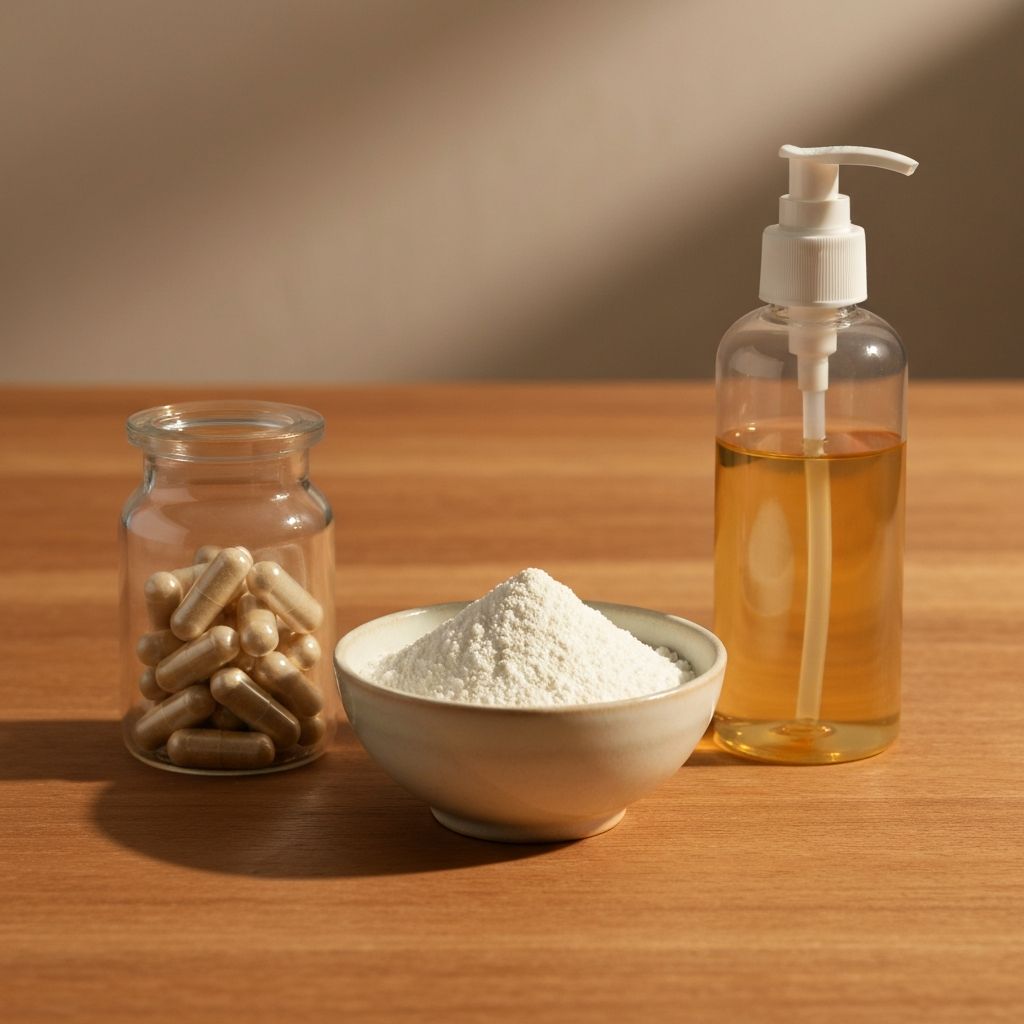 Three different supplement formats displayed side by side with minimal aesthetic arrangement