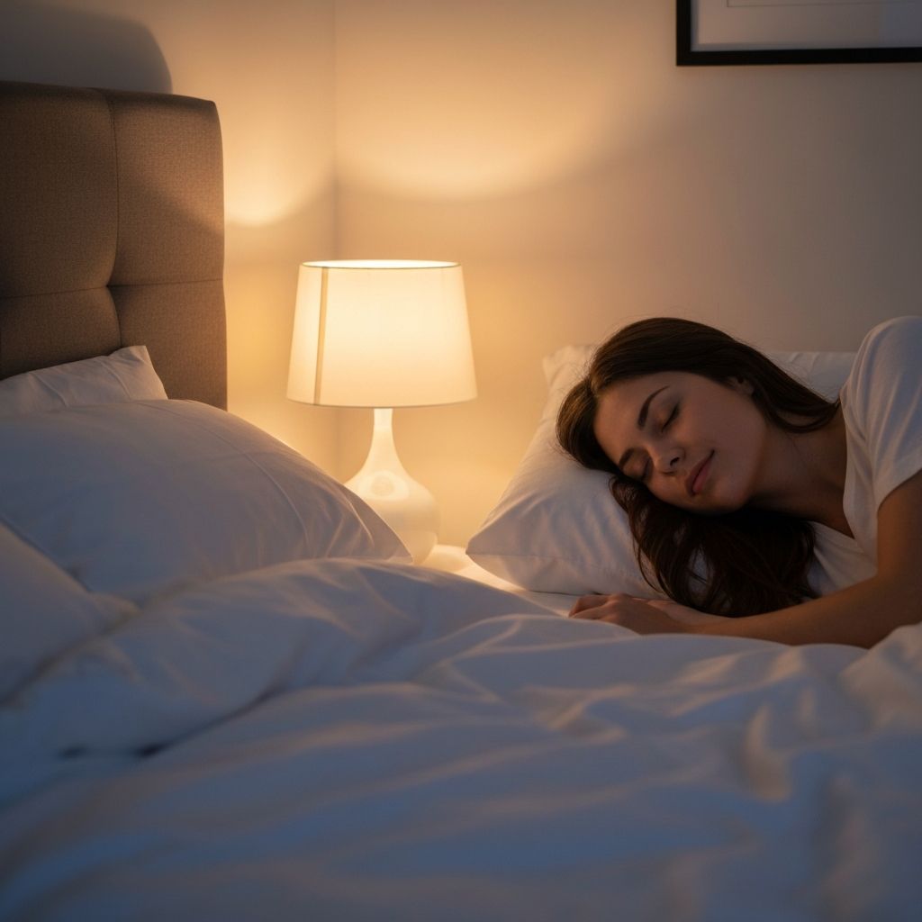 Peaceful bedroom scene with soft lighting and a calm sleeping environment