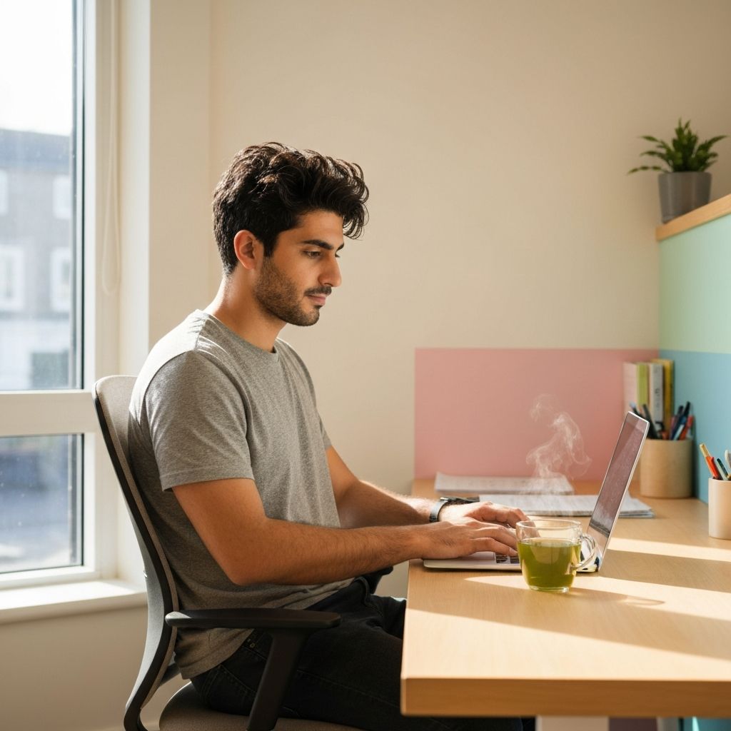Person working calmly at a bright desk with a warm cup of tea