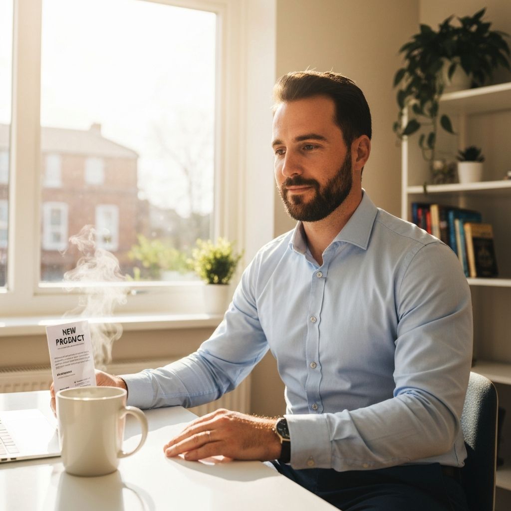 Man at desk in morning light with coffee, product on desk