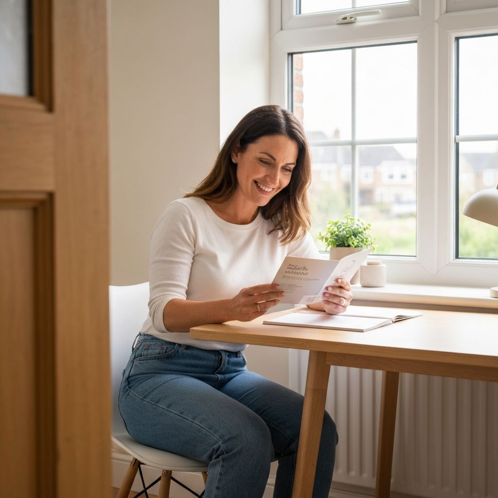 Woman in morning light reading a product card with natural light